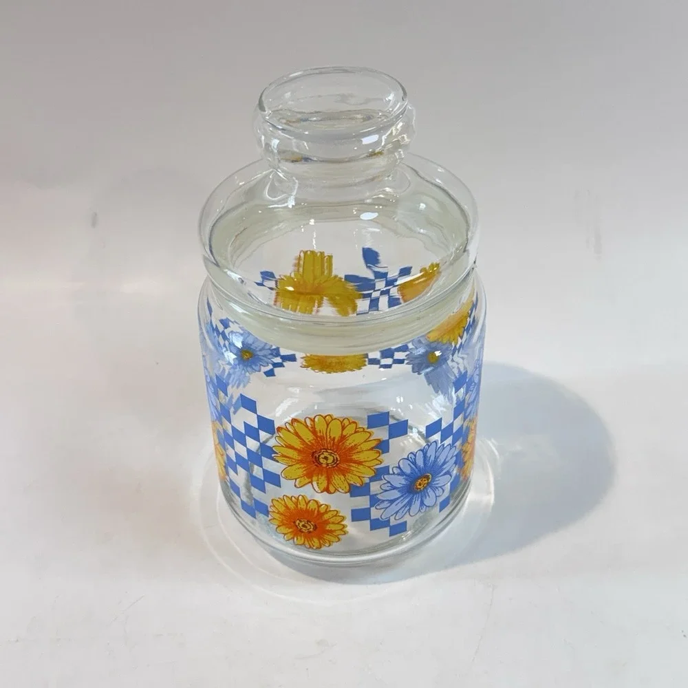 Clear Glass Canister Jar w Airtight Lid Floral & Check Pattern Farmhouse Cottage